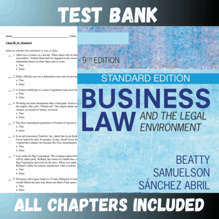 Test Bank for Business Law and the Legal Environment (MindTap Course List) 9th Edition (Jeffrey)  | All Chapters