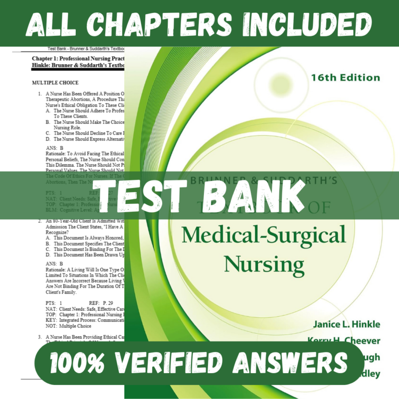 Test Bank Brunner and Suddarth's Textbook of Medical-Surgical Nursing, 16th Edition by Hinkle, Cheever